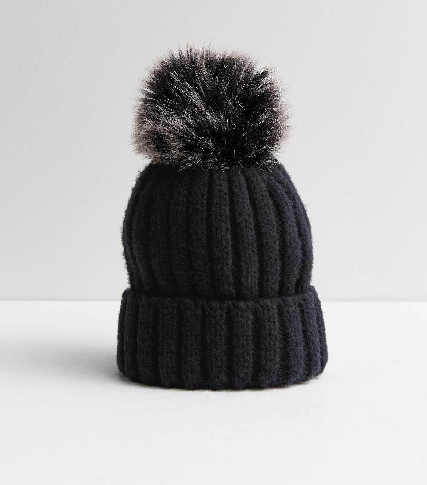 Black Knit Faux Fur Pom Pom Bobble Hat Image 2