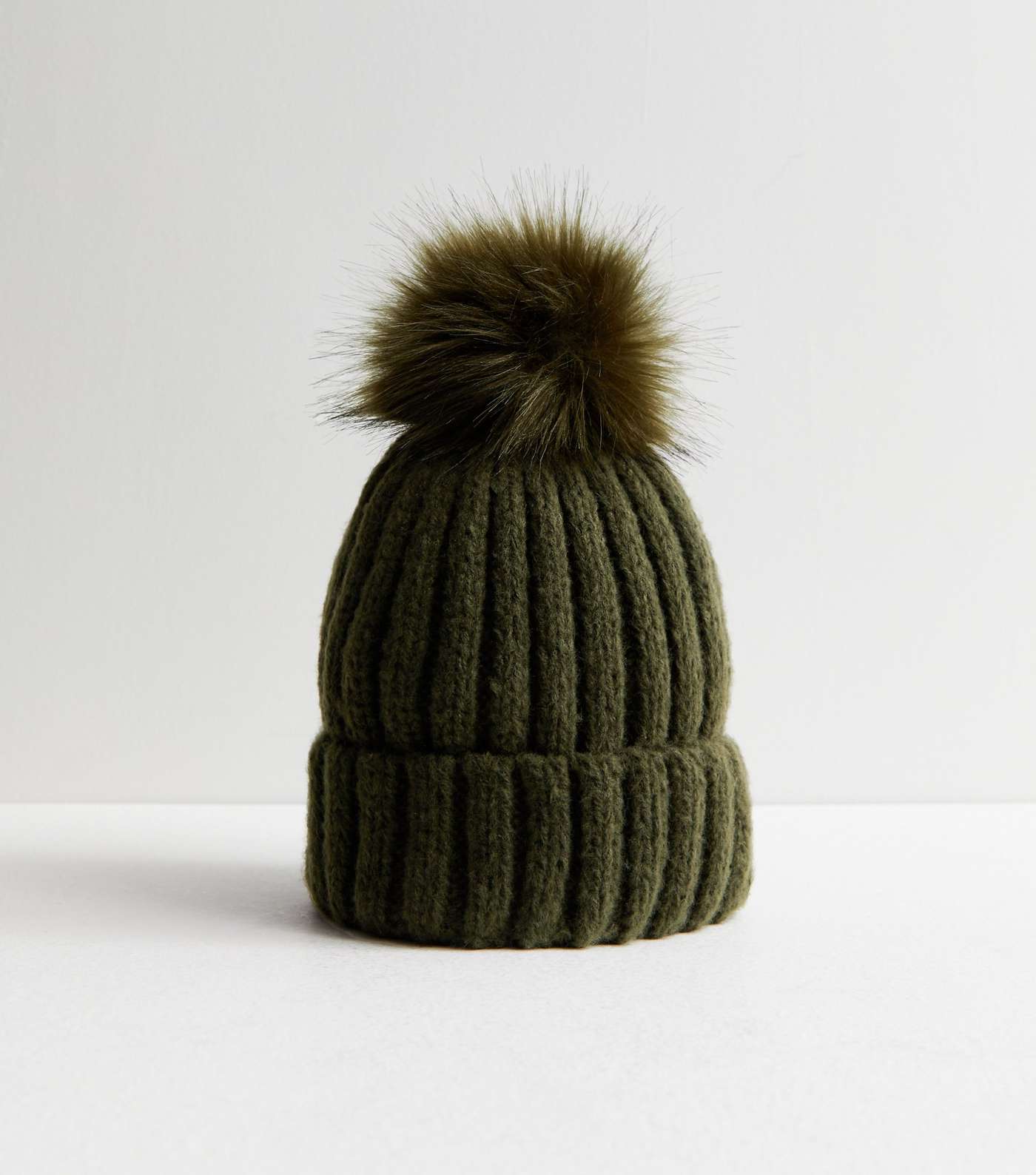 Khaki Knit Faux Fur Pom Pom Bobble Hat Image 2
