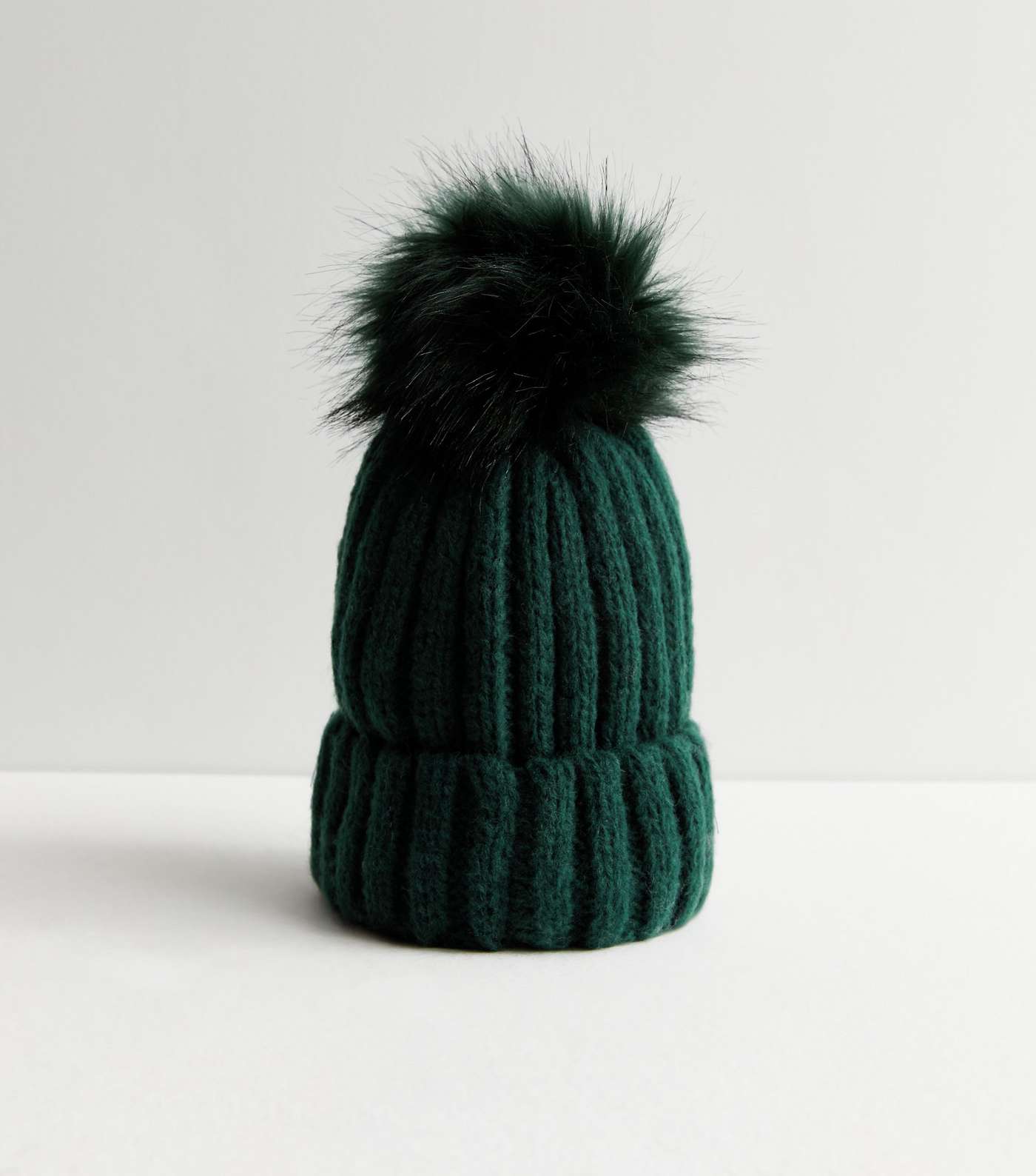 Dark Green Knit Faux Fur Pom Pom Bobble Hat Image 2
