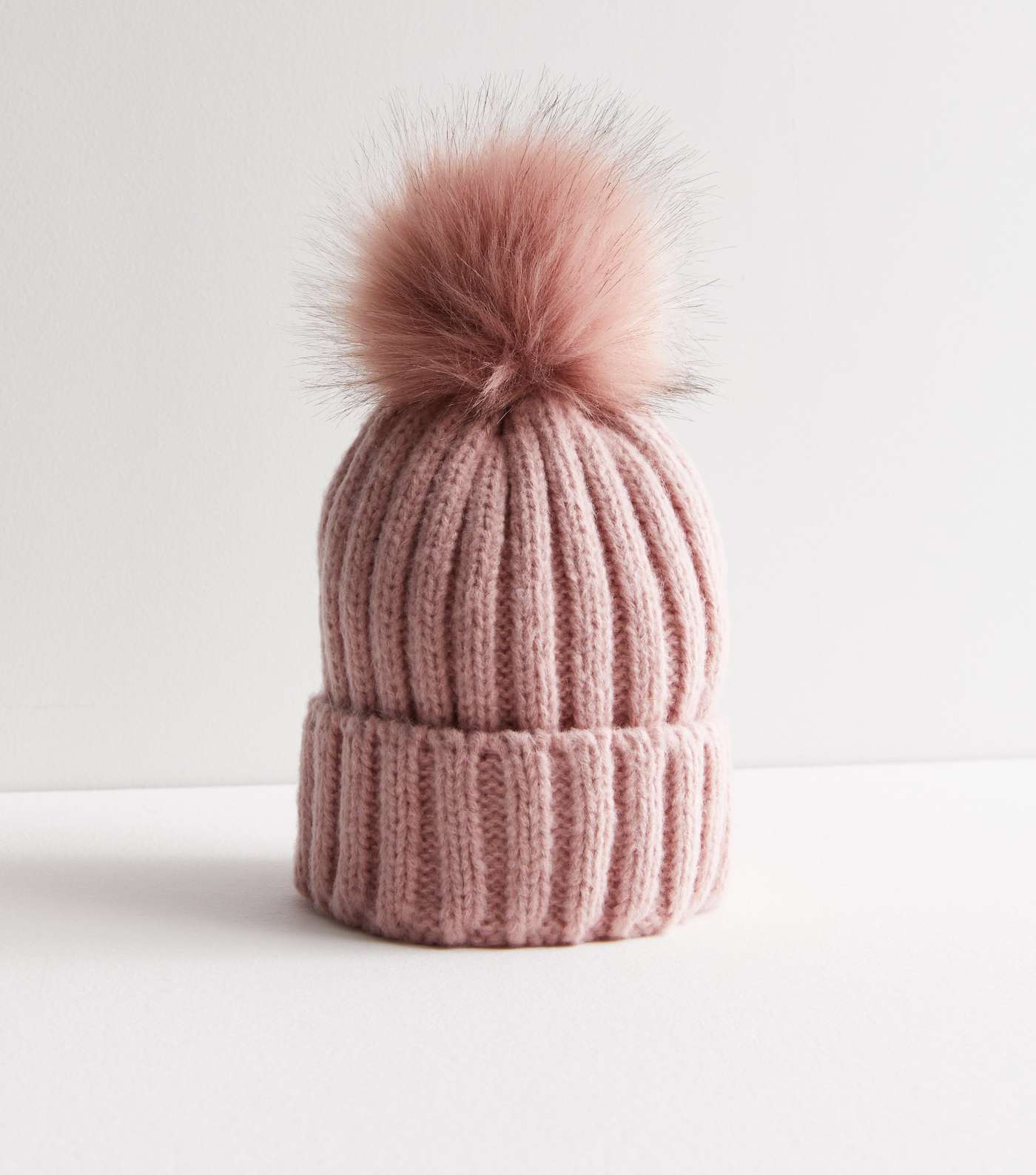Mid Pink Knit Faux Fur Pom Pom Bobble Hat Image 2
