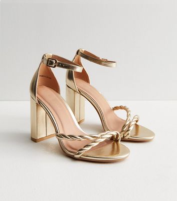 Gold Metallic Rope Ankle Strap Block Heel Sandals New Look