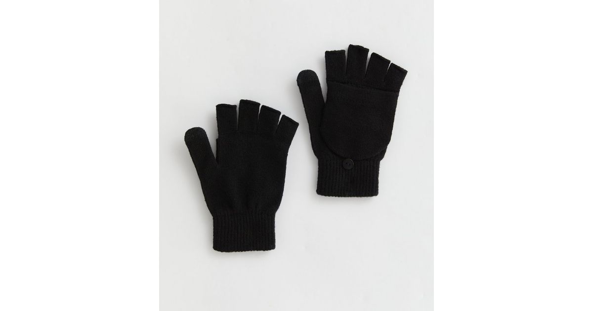 Black Knit Flip Top Fingerless Gloves New Look