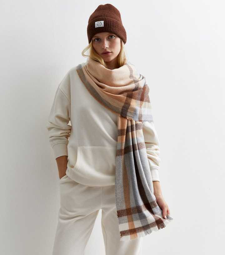 Light Brown Check Fray Hem Scarf