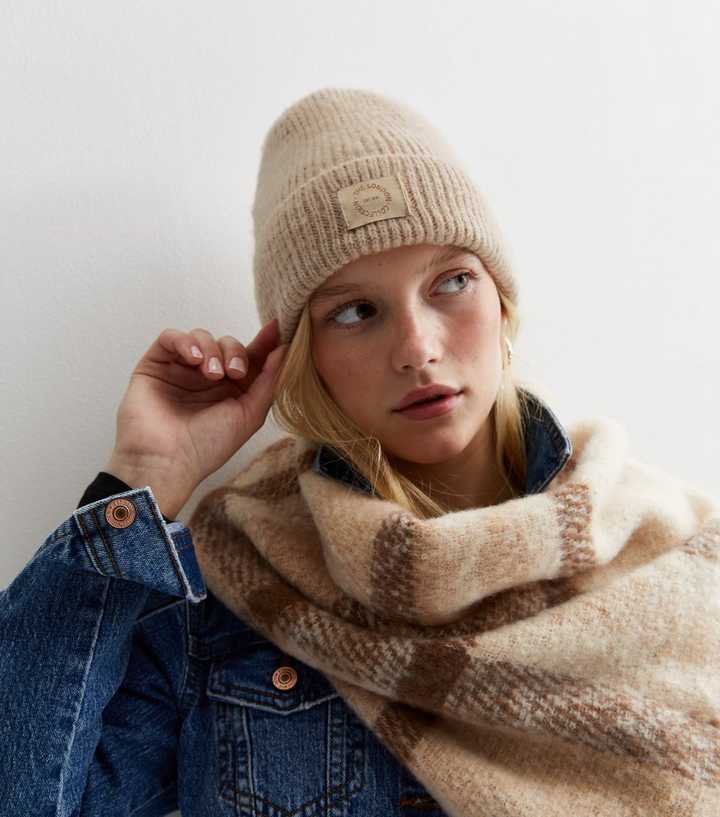 Stone Ribbed Knit Tab Front Beanie