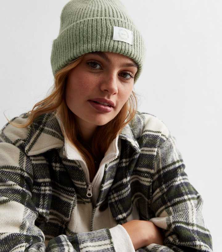 Light Green Ribbed Knit Tab Front Beanie