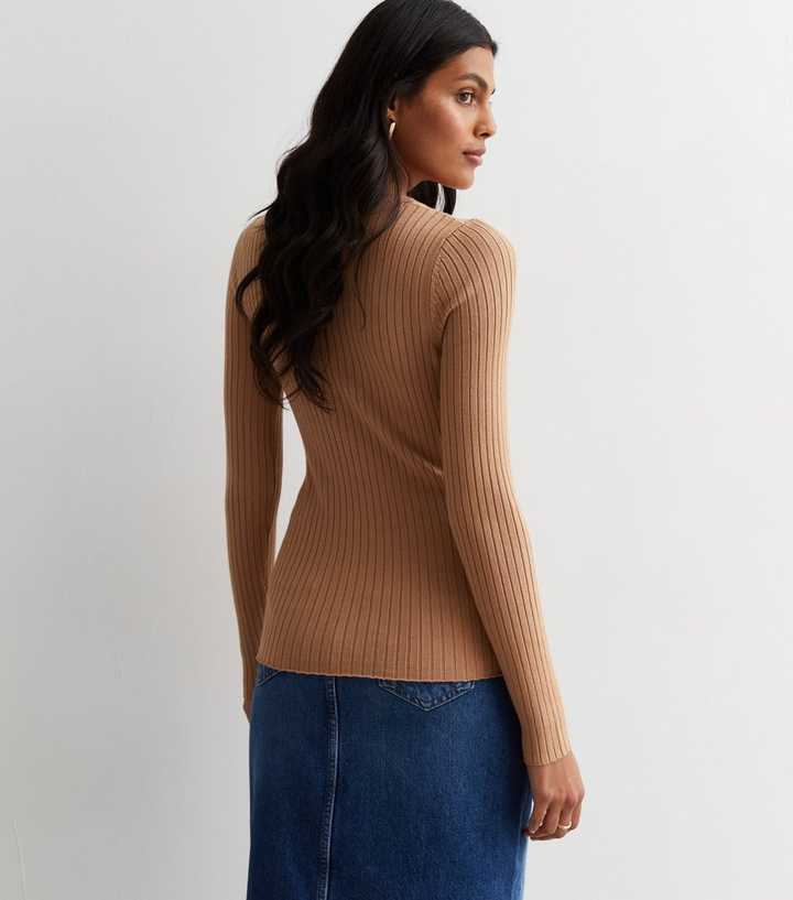 And Now This Women's Corset Long Sleeve Knit Top (Small, Camel Brown)