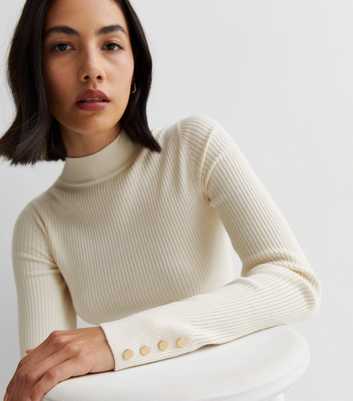 Off White Ribbed Knit Button Cuff Jumper