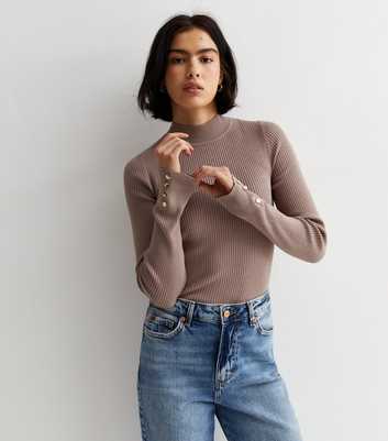 Mink Ribbed Knit Button Cuff Jumper