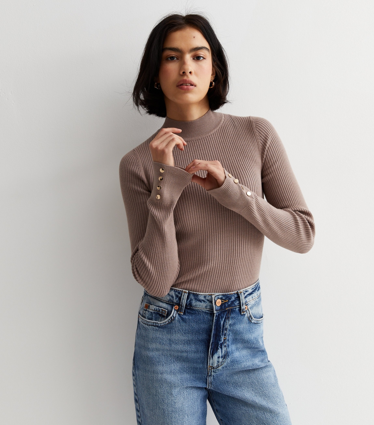 Women's Mink Ribbed Knit Button Cuff Jumper New Look