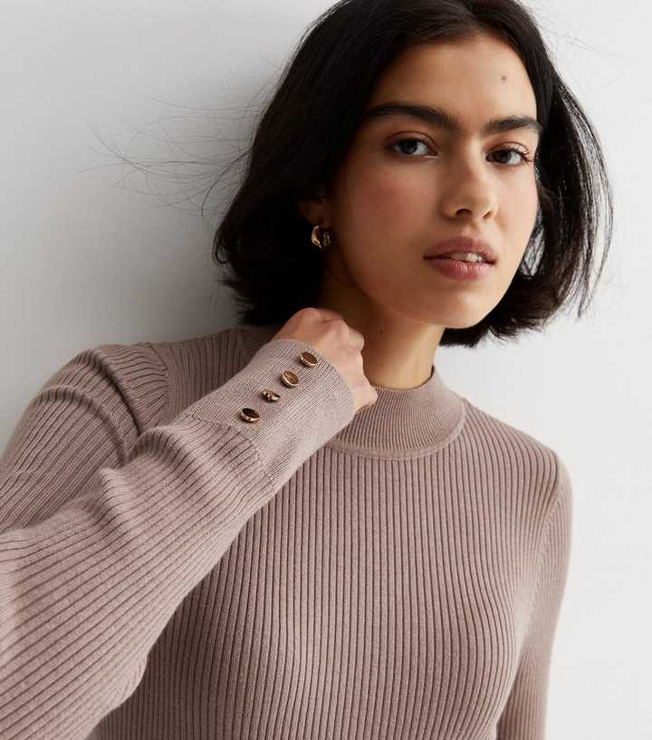 Mink Ribbed Knit Button Cuff Jumper