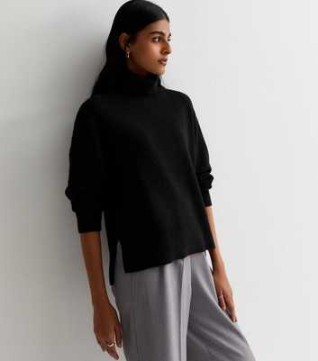 Black Knit Roll Neck Split Hem Jumper