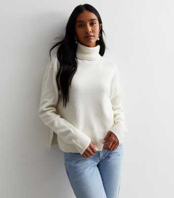 Off White Knit Roll Neck Split Hem Jumper