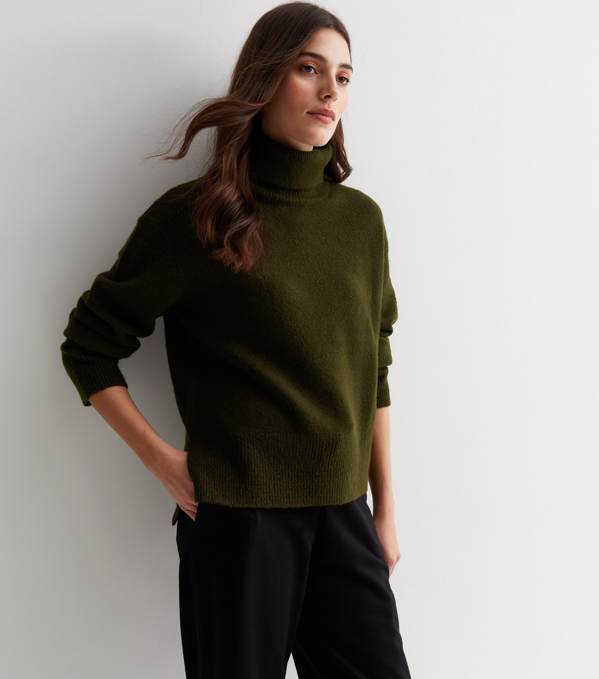 Women's Khaki Knit Roll Neck Split Hem Jumper New Look