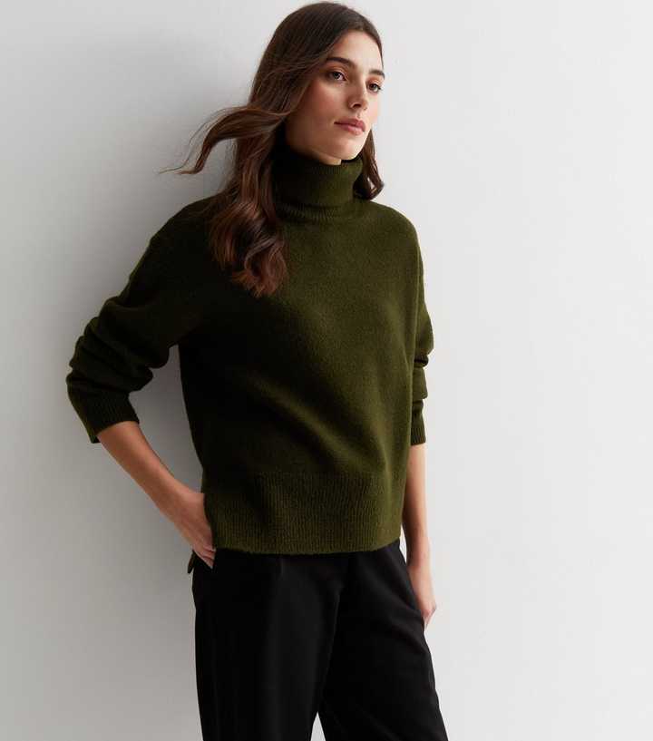 Khaki Knit Roll Neck Split Hem Jumper