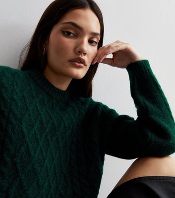 Dark Green Cable Knit Crew Neck Jumper New Look