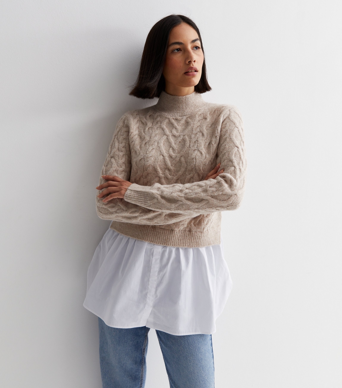 Women's Cream Cable Knit 2-in-1 Shirt Jumper New Look