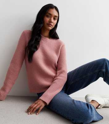Mid Pink Ribbed Knit Crew Neck Jumper