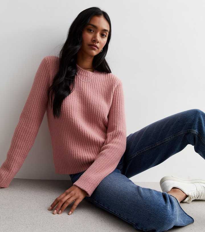 Mid Pink Ribbed Knit Crew Neck Jumper | New Look