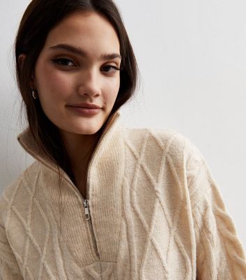 Cream Cable Knit Zip Neck Longline Jumper