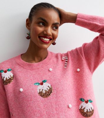 Pink Knit Sequin Christmas Pudding Jumper New Look