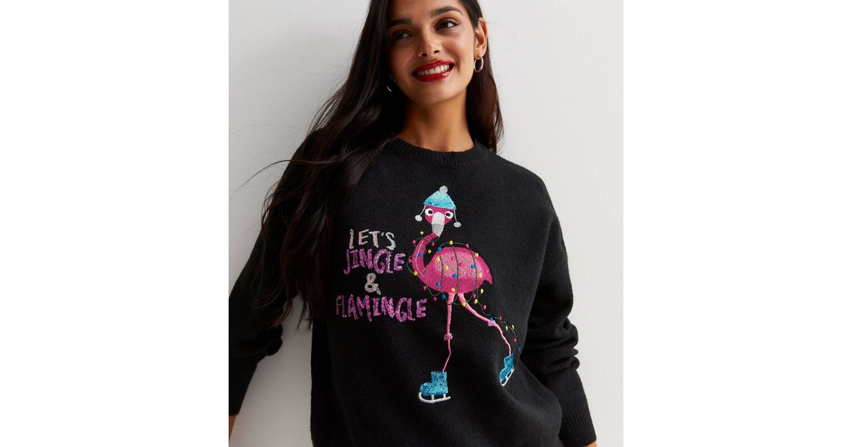 Black Knit Flamingo Christmas Jumper New Look