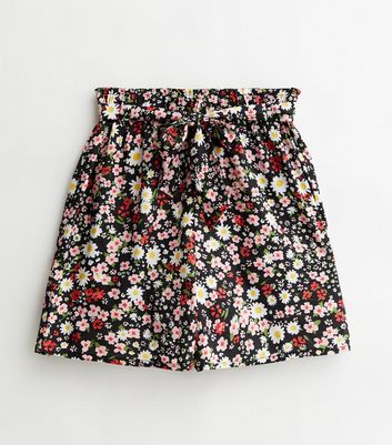 Tall Black Floral High Waist Paperbag Shorts New Look