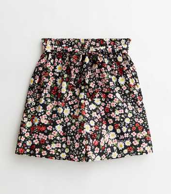 Tall Black Floral Tie High Waist Paperbag Shorts