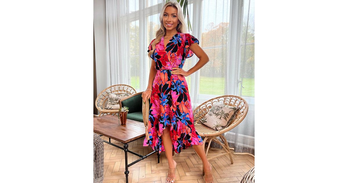 AX Paris Pink Floral Frill Midi Wrap Dress New Look