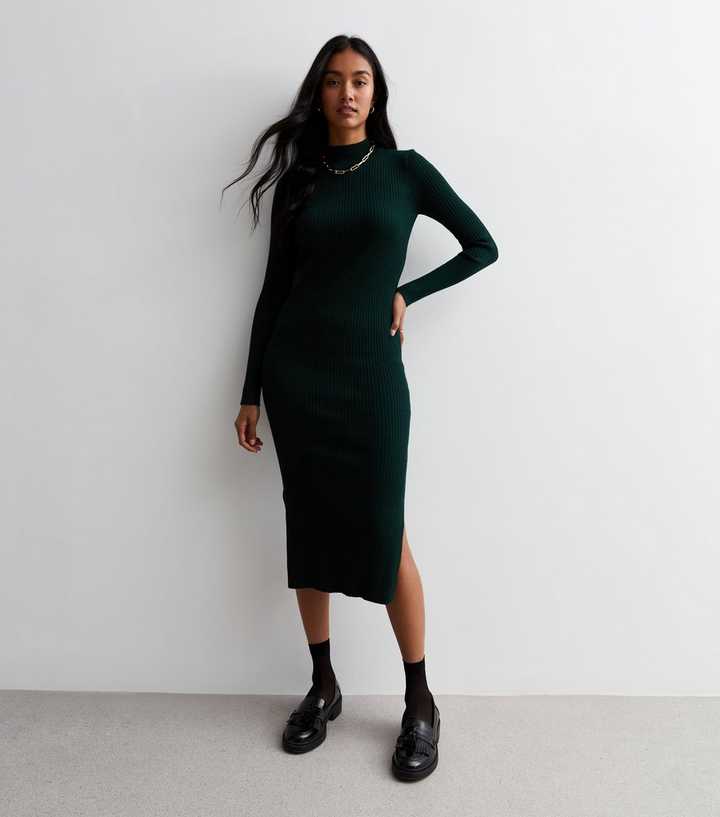 Dark Green Ribbed Knit Midi Dress