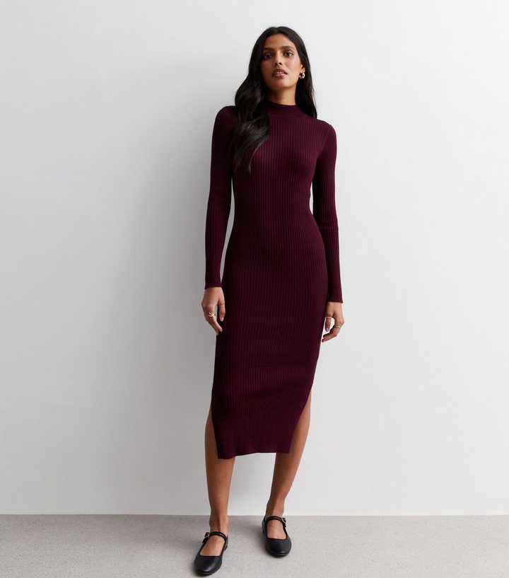 Burgundy Ribbed Knit Midi Dress | New Look