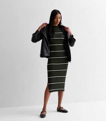Dark Green Stripe Ribbed Split Hem Long Sleeve Midi Dress New Look