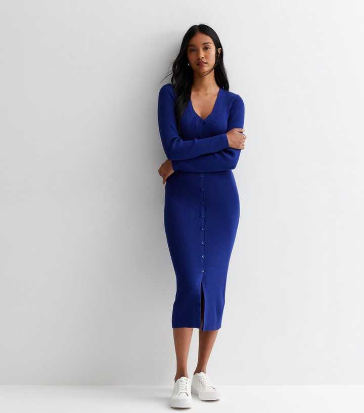 Urbann-Vibe Blue Knit Midi Dress For Women, Slim Fit, High Neck, Short Sleeves, Festive Comfort main image 1