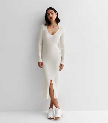 Cream Ribbed Knit Split Hem Midi Dress