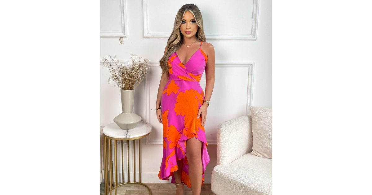 AX Paris Pink Floral Frill Strappy Midi Wrap Dress New Look