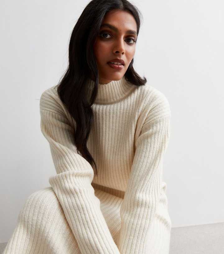 Cream Roll Neck Rib Knitted Sweater Dress