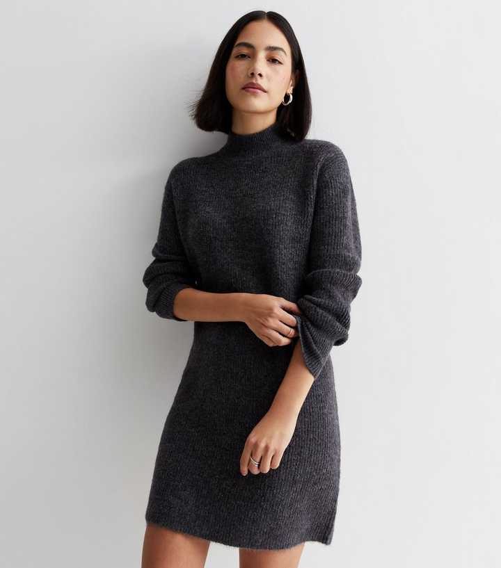 dark-grey-ribbed-knit-high-neck-mini-dress-new-look