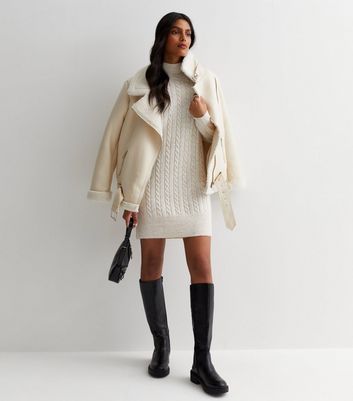 Off White Cable Knit Long Sleeve Mini Dress New Look