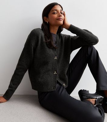 Dark Grey Knit Button Front Cardigan | New Look