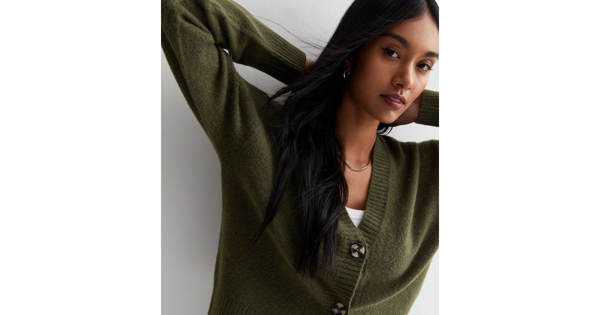 Dark Khaki Ethnic Geometric Pattern Button Front V Neck Cardigan