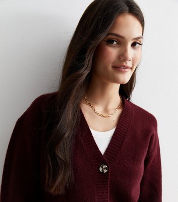 Burgundy Knit Button Front Cardigan New Look