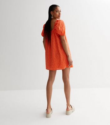 Orange Daisy Embroidered Mini Smock Dress New Look