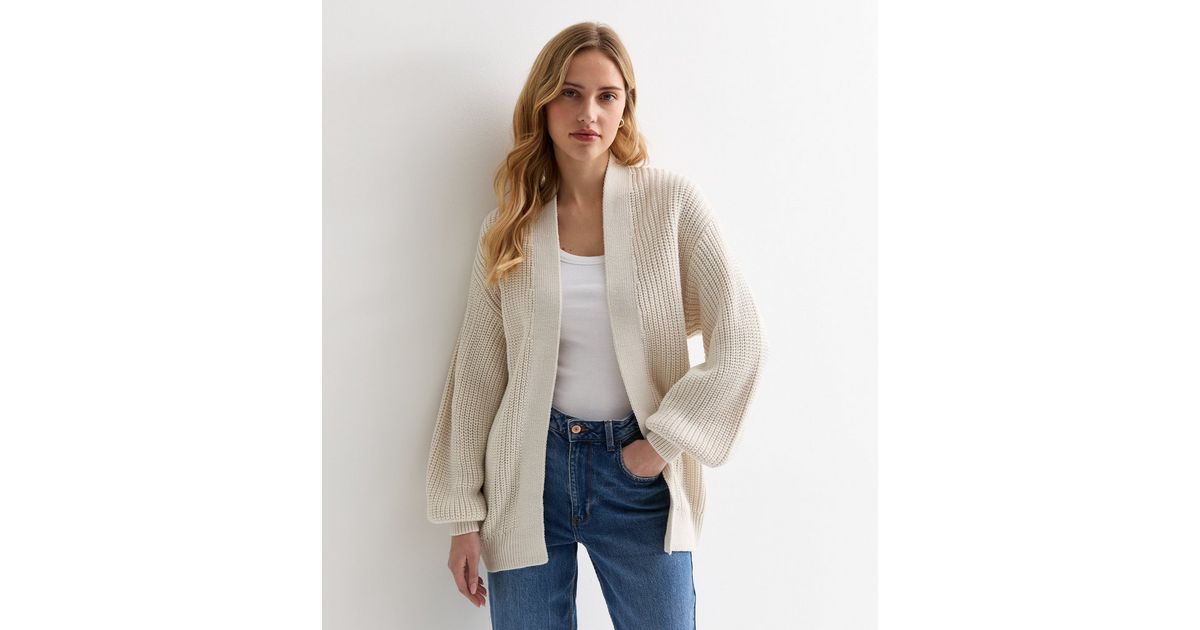 Cream Stitch Knit Balloon Sleeve Cardigan New Look