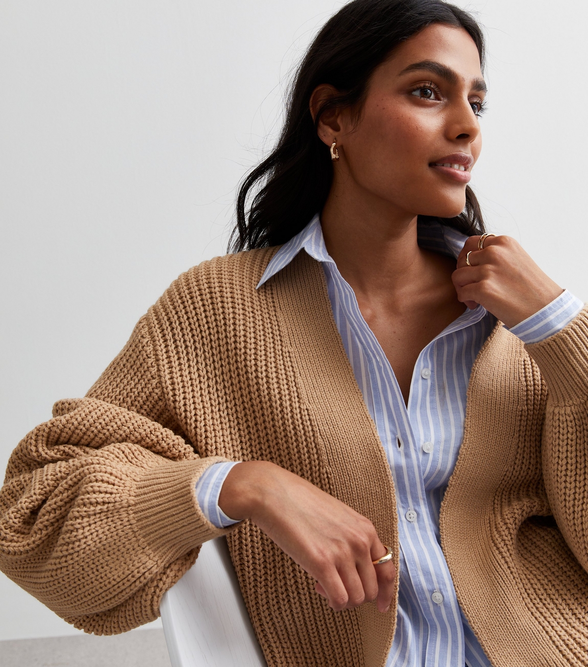 Women's Camel Stitch Knit Balloon Sleeve Cardigan New Look