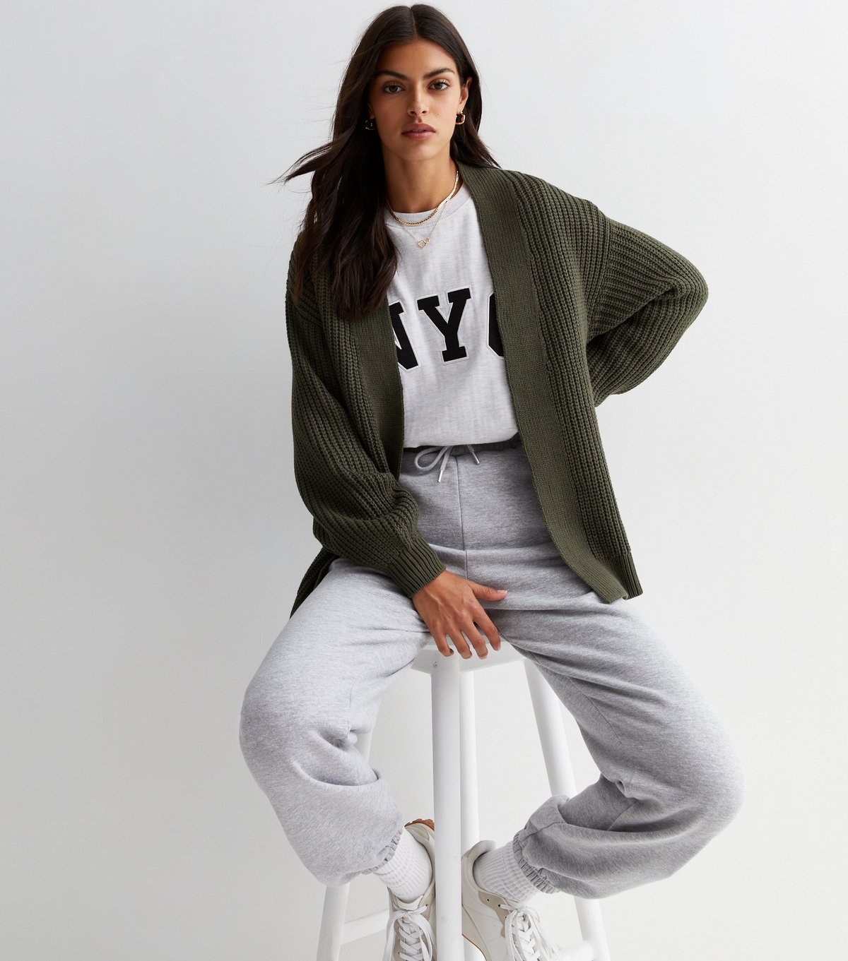 Women's Khaki Stitch Knit Balloon Sleeve Cardigan New Look