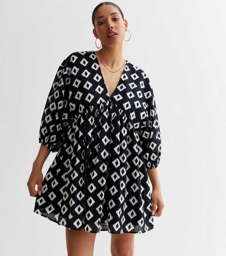 Black Abstract Puff Sleeve Mini Smock Dress