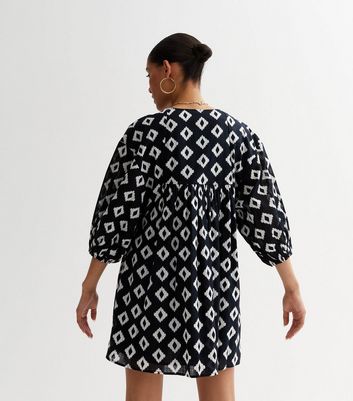 Black Abstract Puff Sleeve Mini Smock Dress | New Look