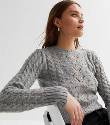 Pale Grey Flower Embroidered Cable Knit Jumper