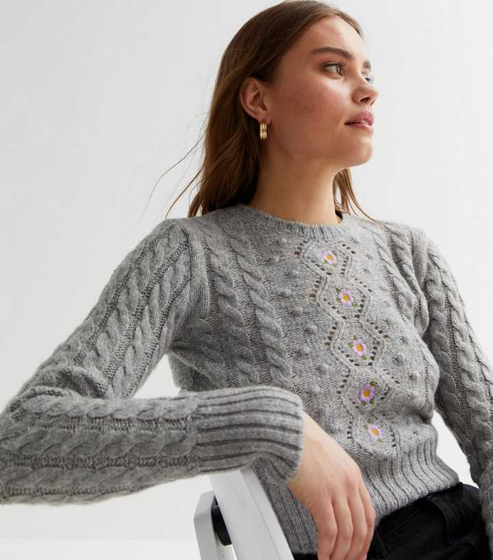 Pale Grey Flower Embroidered Cable Knit Jumper | New Look