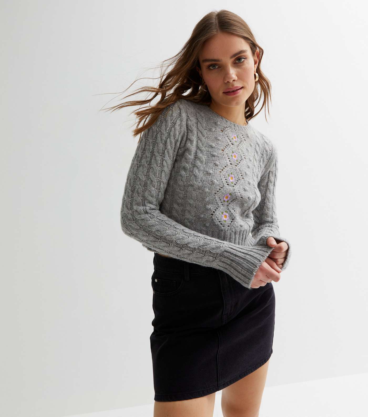Pale Grey Flower Embroidered Cable Knit Jumper Image 2