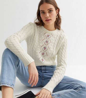 Off White Flower Embroidered Cable Knit Jumper